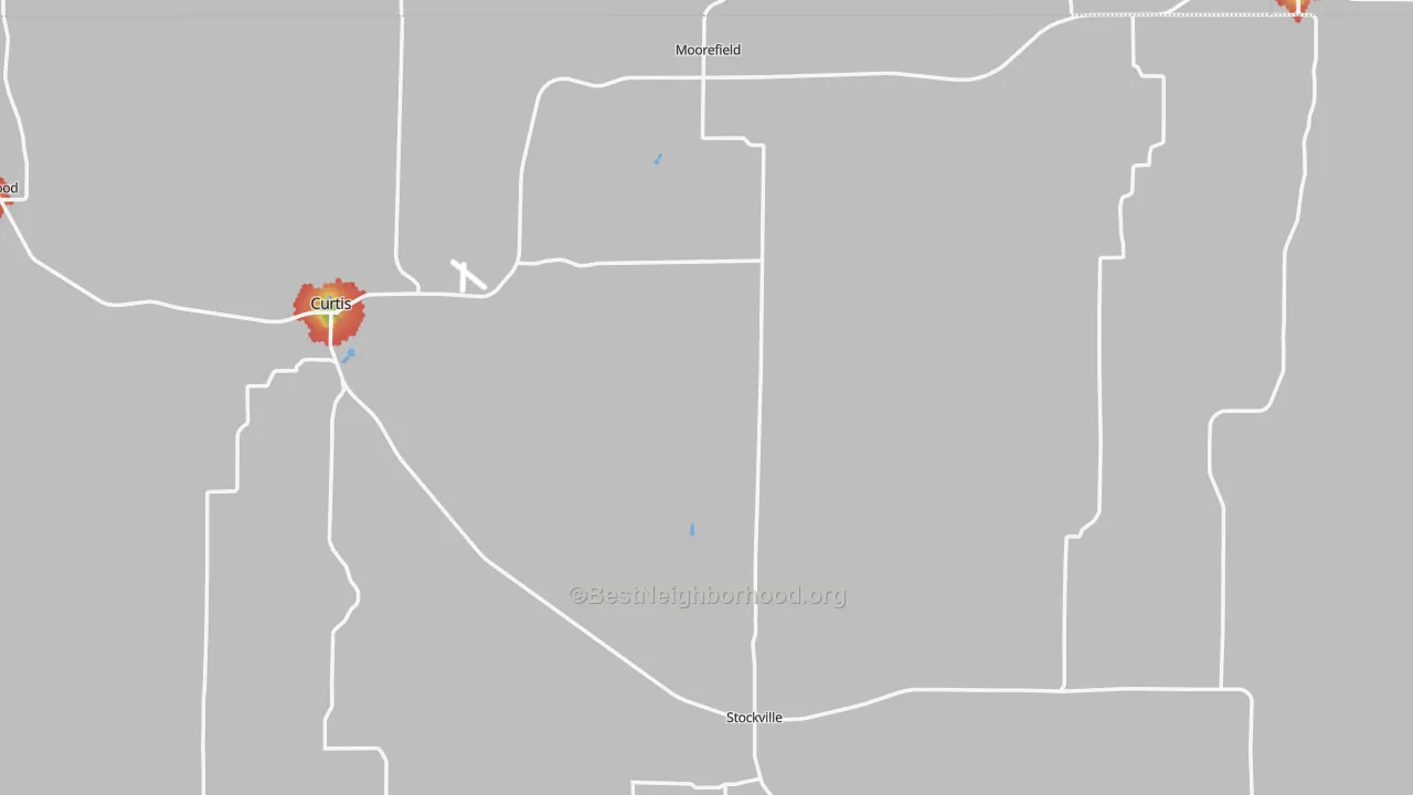 Walk Grade map of Frontier County, NE, walkable areas in green and car-dependent areas in red