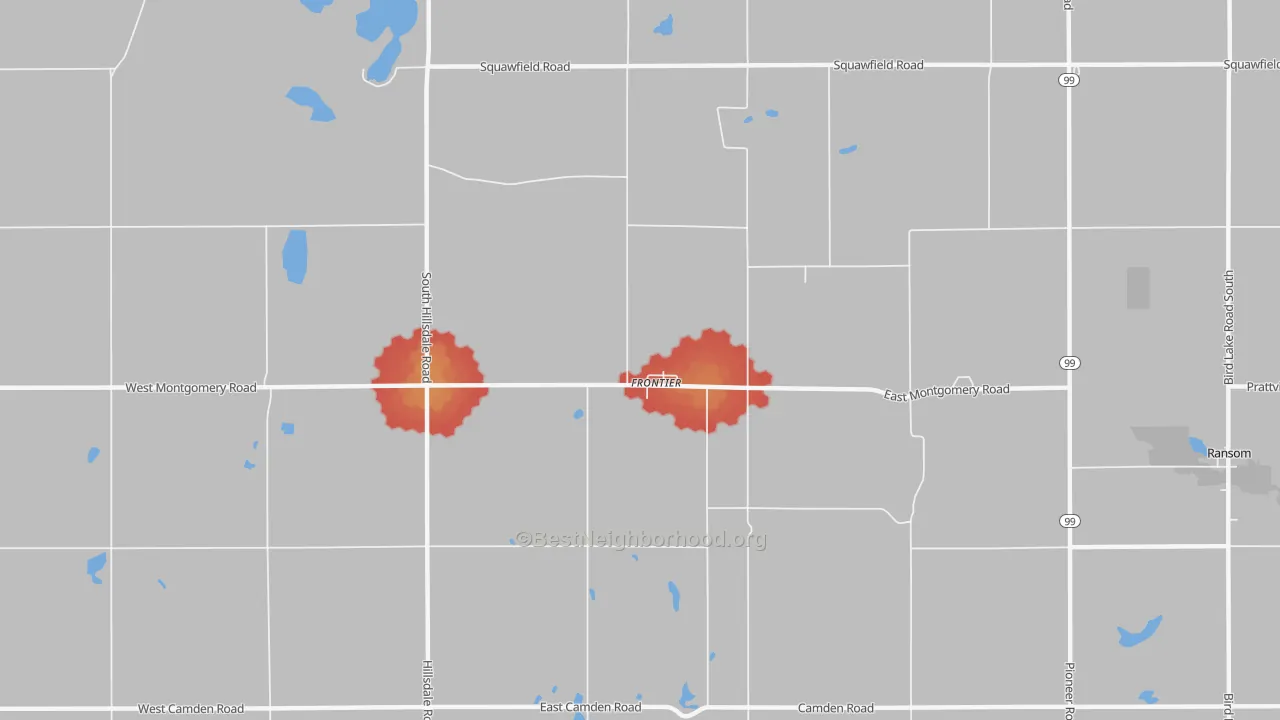 Walk Grade map of Frontier, MI, walkable areas in green and car-dependent areas in red