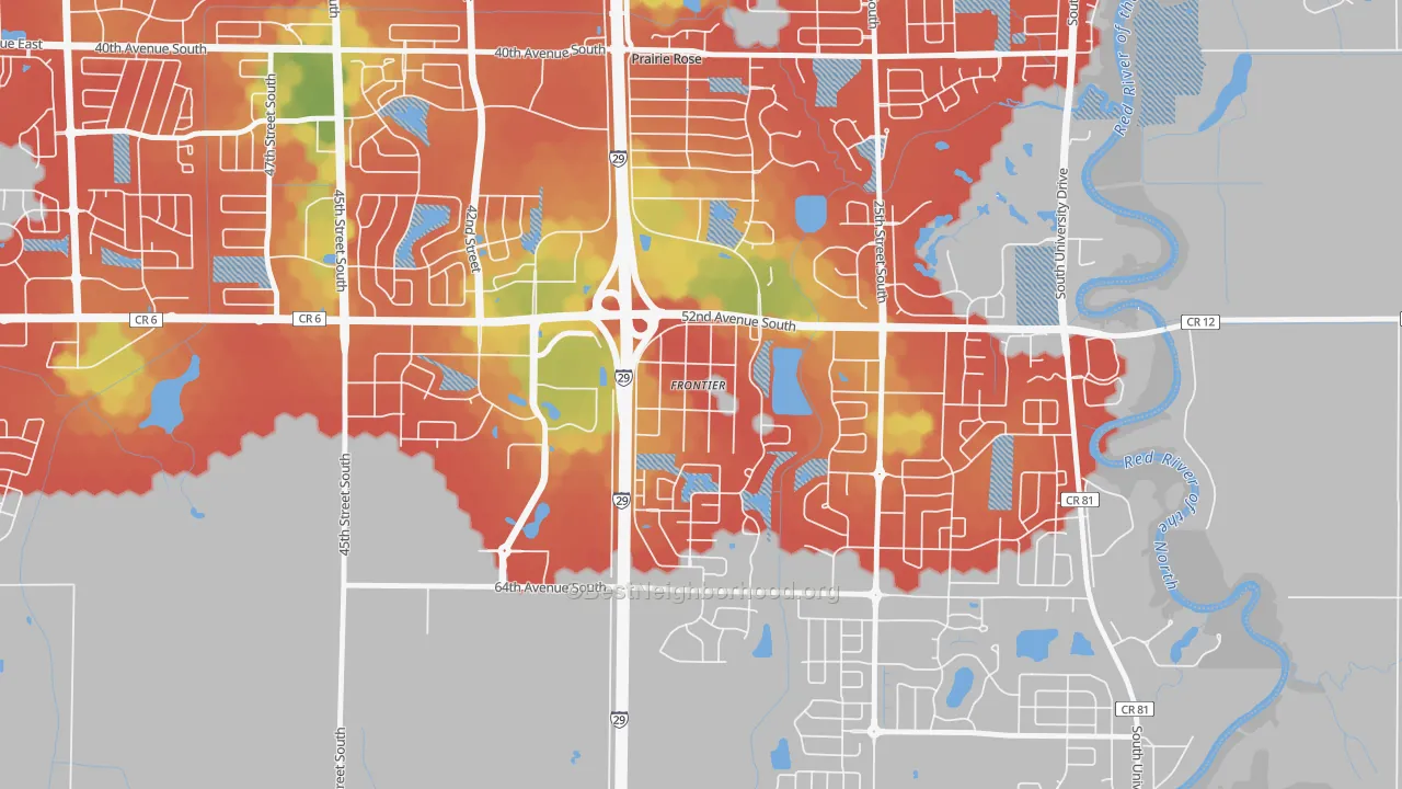 Walk Grade map of Frontier, ND, walkable areas in green and car-dependent areas in red