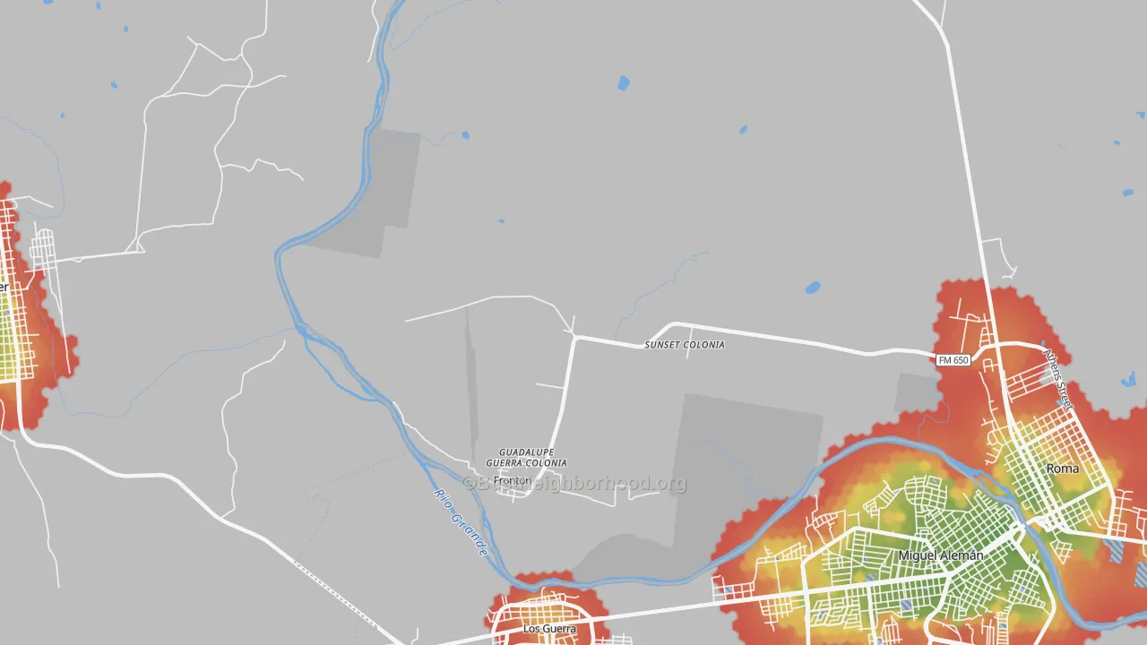 Walk Grade map of Fronton, TX, walkable areas in green and car-dependent areas in red