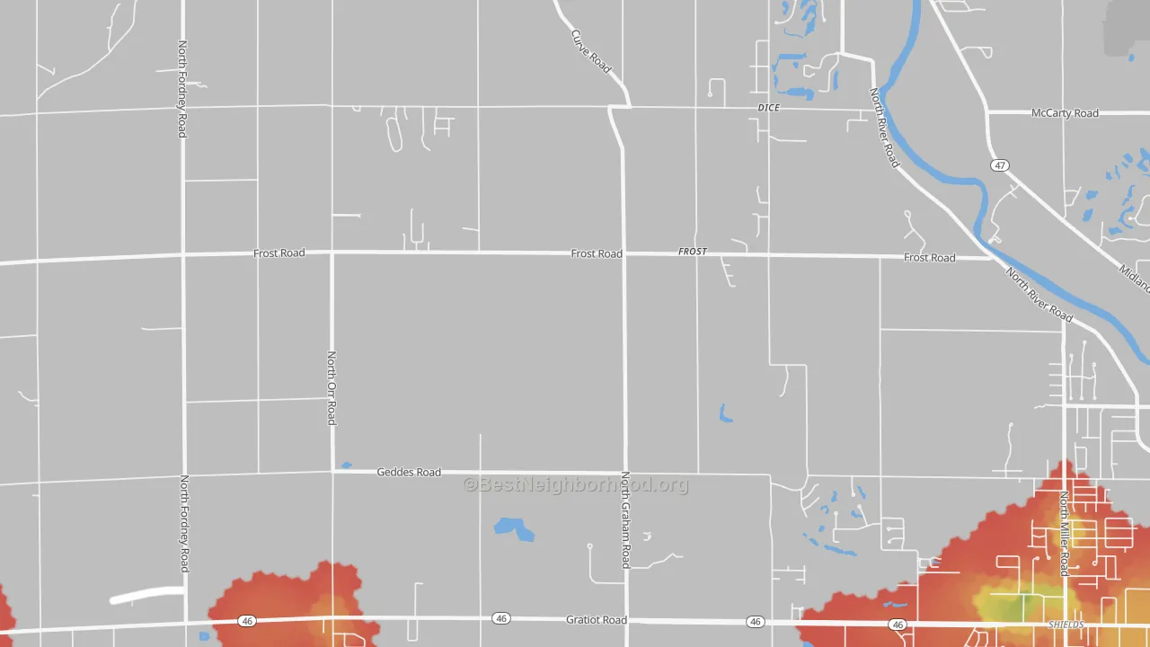 Walk Grade map of Frost, MI, walkable areas in green and car-dependent areas in red