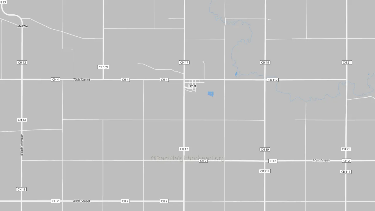 Walk Grade map of Frost, MN, walkable areas in green and car-dependent areas in red