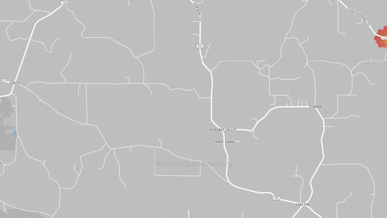 Walk Grade map of Frost Town, LA, walkable areas in green and car-dependent areas in red
