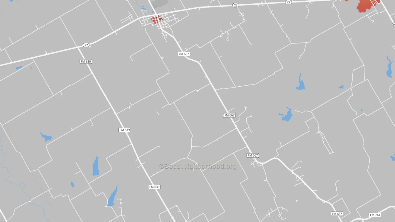 Walk Grade map of Frost, TX, walkable areas in green and car-dependent areas in red