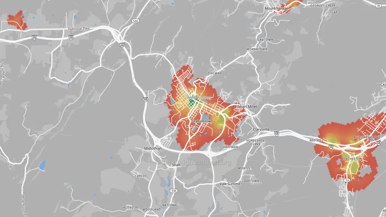 Walk Grade map of Frostburg, MD, walkable areas in green and car-dependent areas in red