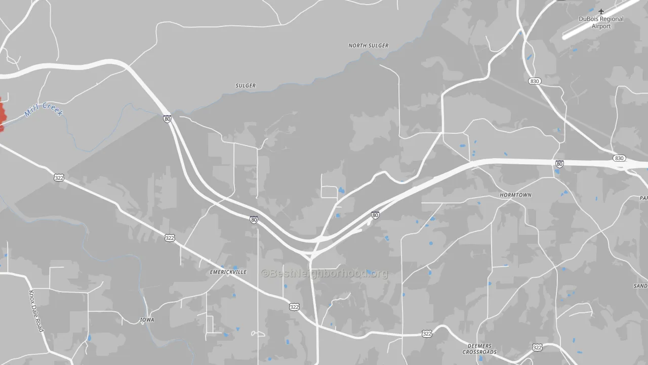 Walk Grade map of Frostburg, PA, walkable areas in green and car-dependent areas in red