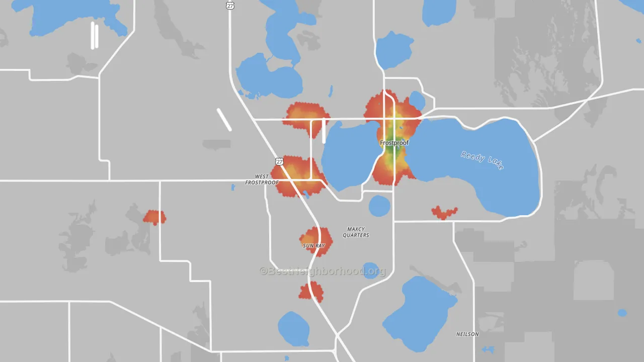 Walk Grade map of Frostproof, FL, walkable areas in green and car-dependent areas in red