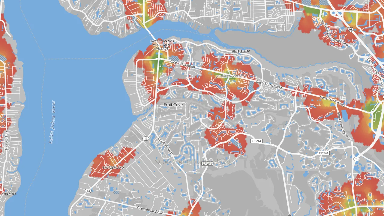 Walk Grade map of Fruit Cove, FL, walkable areas in green and car-dependent areas in red