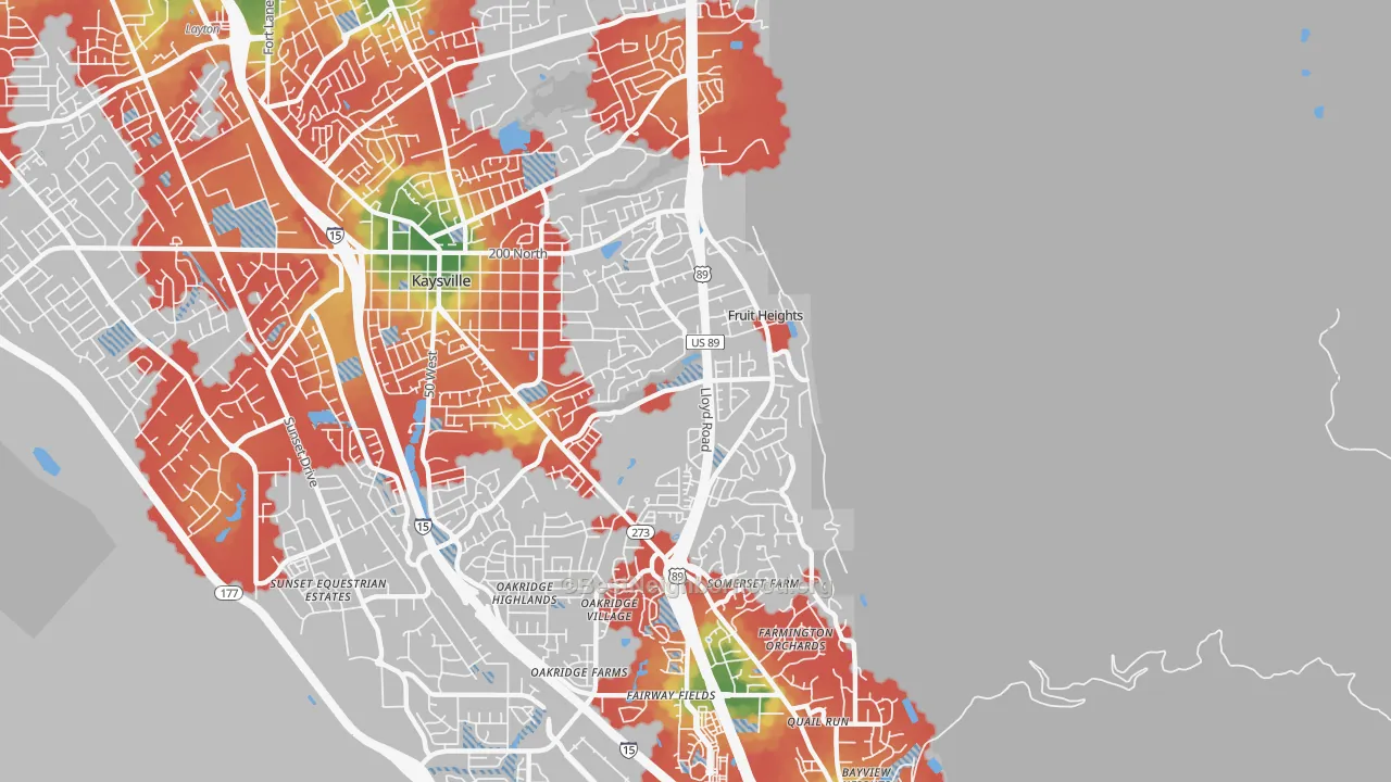 Walk Grade map of Fruit Heights, UT, walkable areas in green and car-dependent areas in red