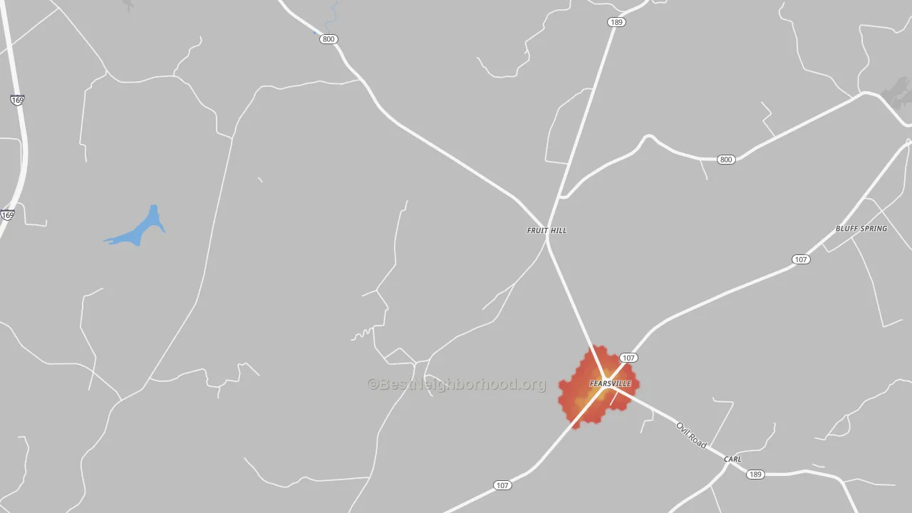 Walk Grade map of Fruit Hill, KY, walkable areas in green and car-dependent areas in red