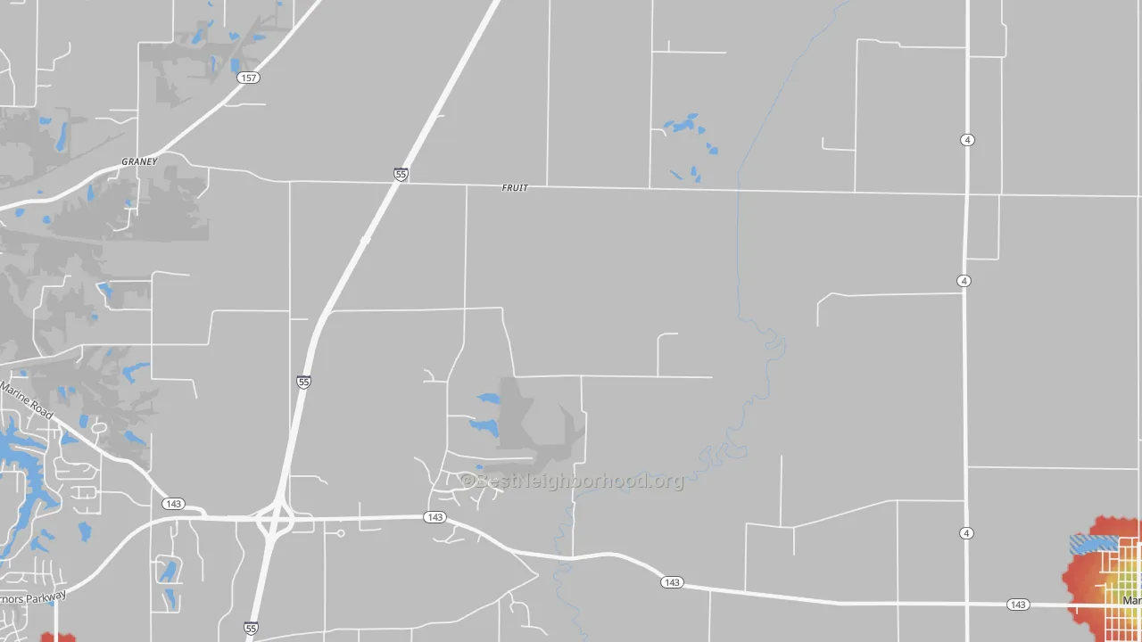 Walk Grade map of Fruit, IL, walkable areas in green and car-dependent areas in red