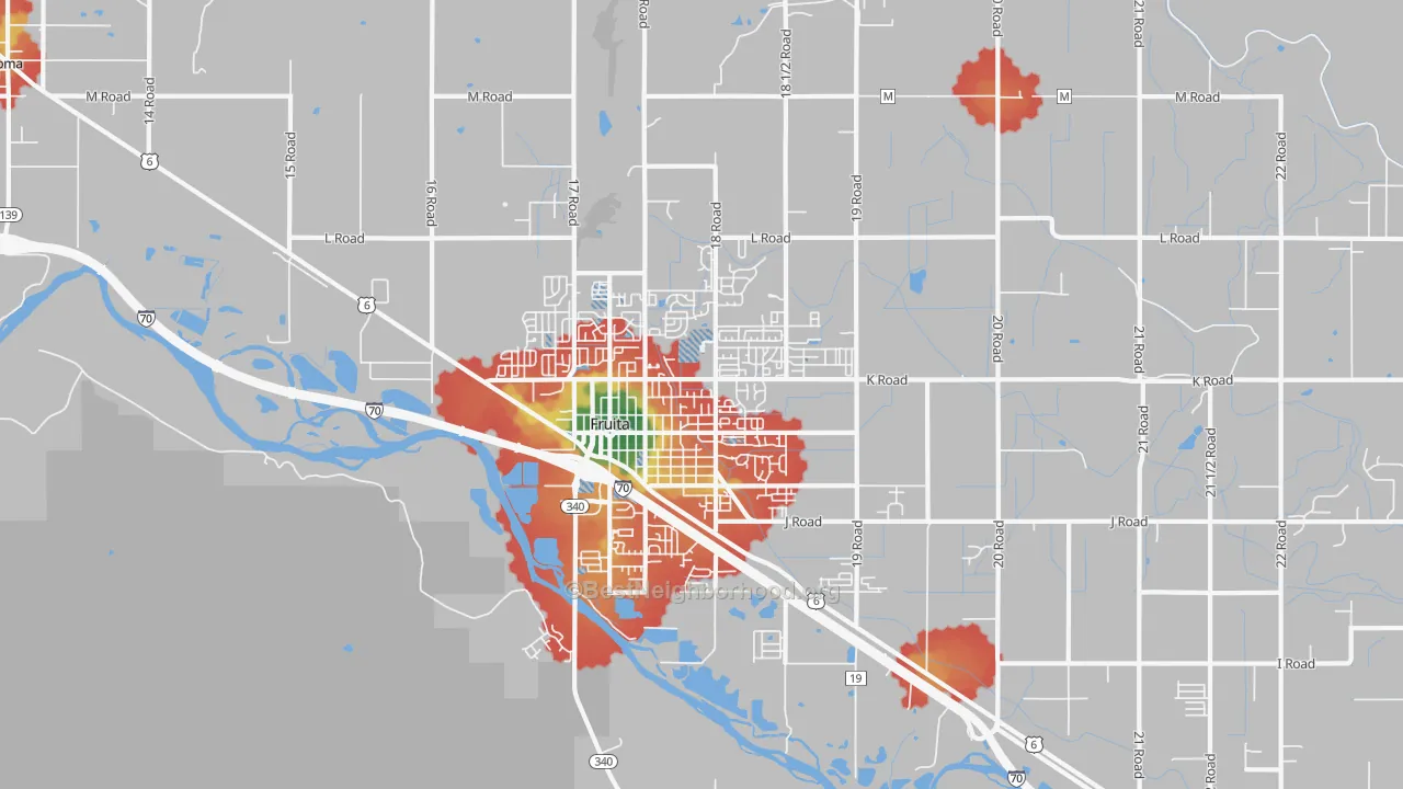 Walk Grade map of Fruita, CO, walkable areas in green and car-dependent areas in red