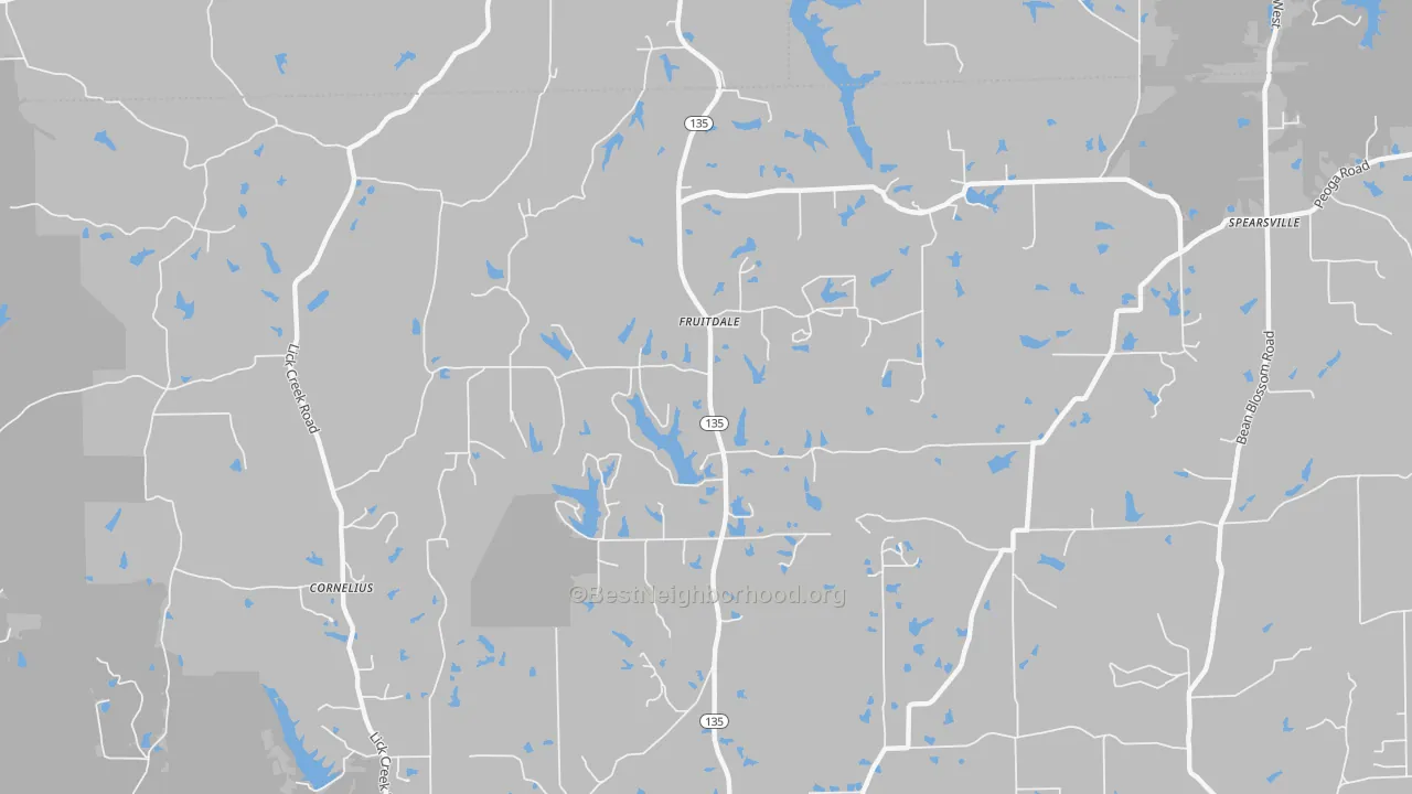 Walk Grade map of Fruitdale, IN, walkable areas in green and car-dependent areas in red