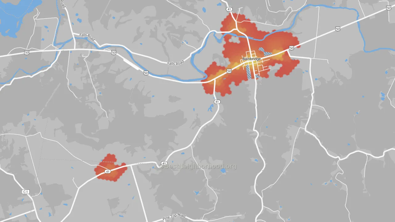 Walk Grade map of Fruitdale, OH, walkable areas in green and car-dependent areas in red