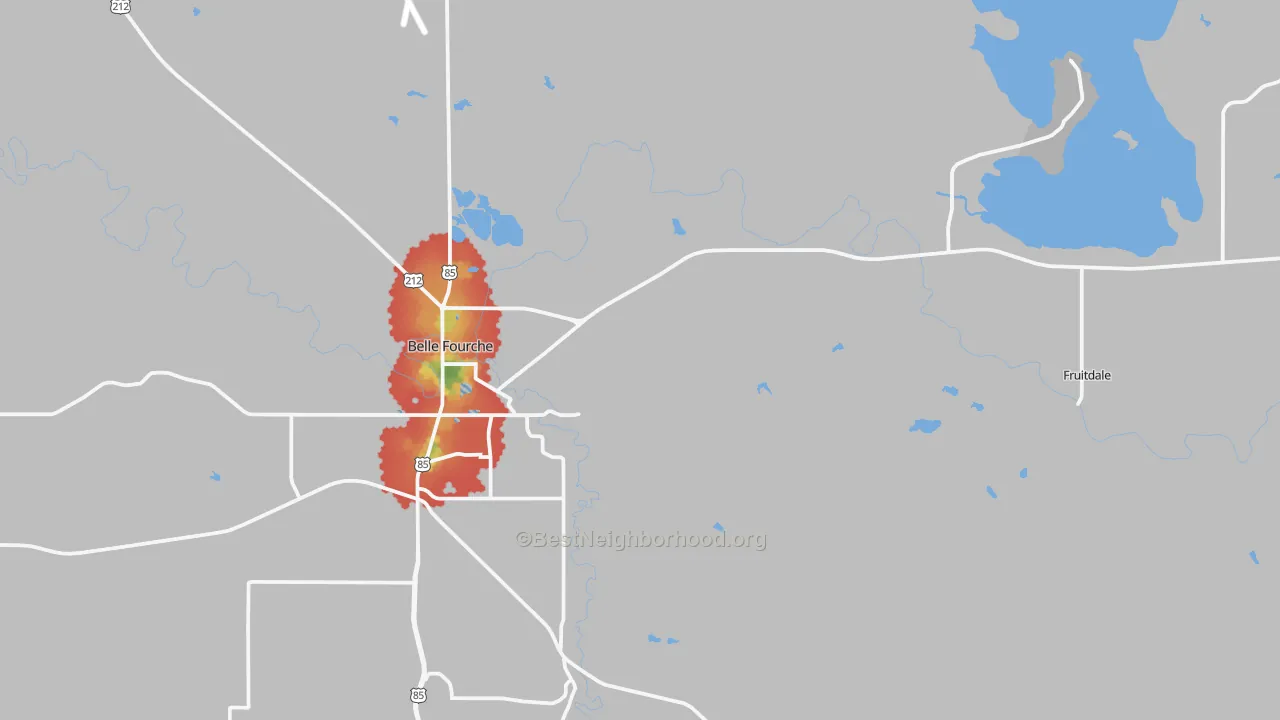 Walk Grade map of Fruitdale, SD, walkable areas in green and car-dependent areas in red