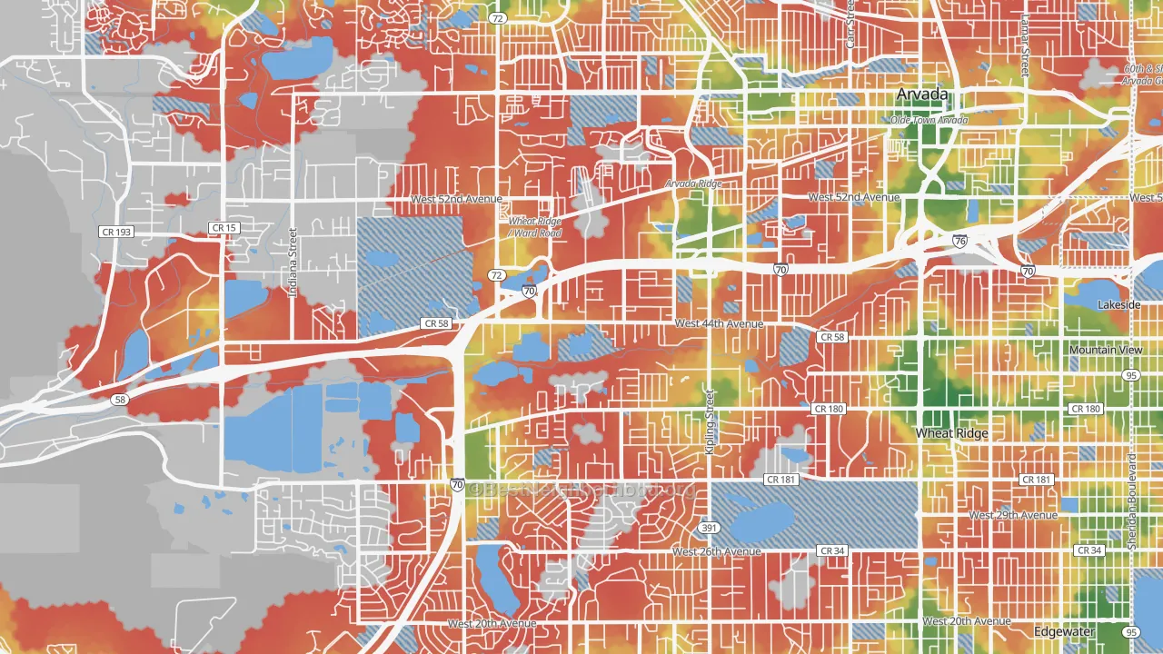 Walk Grade map of Fruitdale, Wheat Ridge, CO, walkable areas in green and car-dependent areas in red