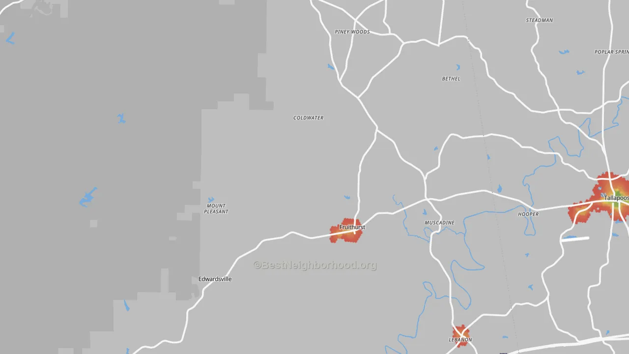 Walk Grade map of Fruithurst, AL, walkable areas in green and car-dependent areas in red