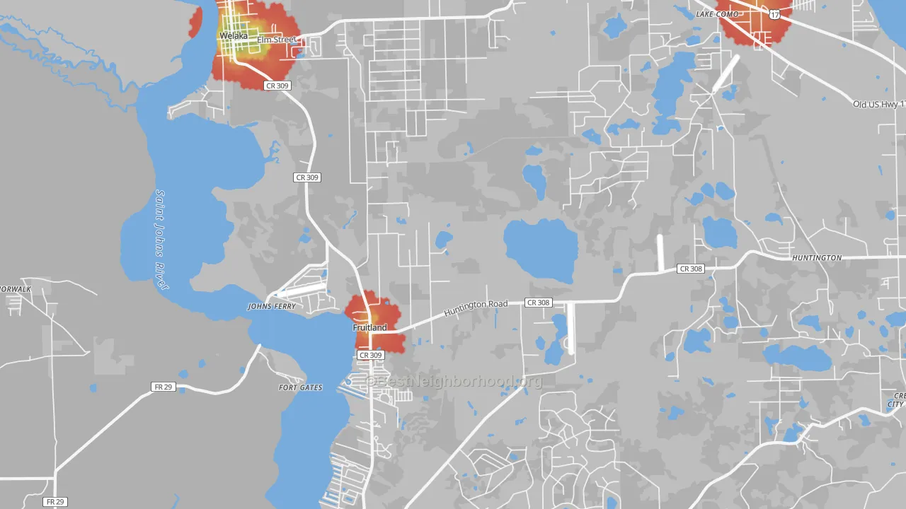 Walk Grade map of Fruitland, FL, walkable areas in green and car-dependent areas in red