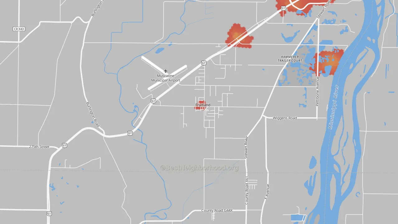 Walk Grade map of Fruitland, IA, walkable areas in green and car-dependent areas in red