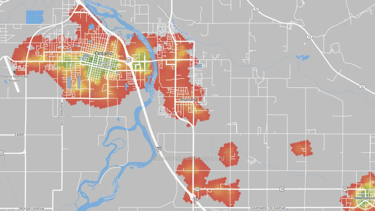 Walk Grade map of Fruitland, ID, walkable areas in green and car-dependent areas in red