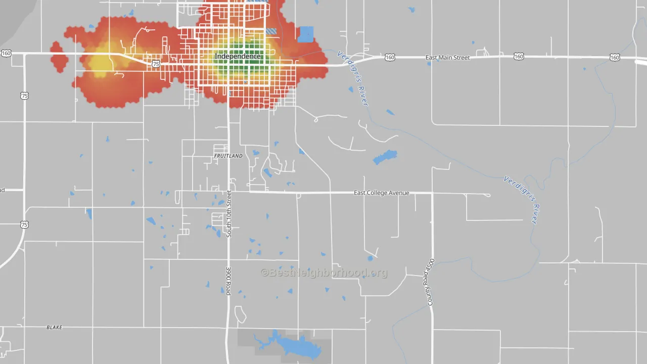 Walk Grade map of Fruitland, KS, walkable areas in green and car-dependent areas in red