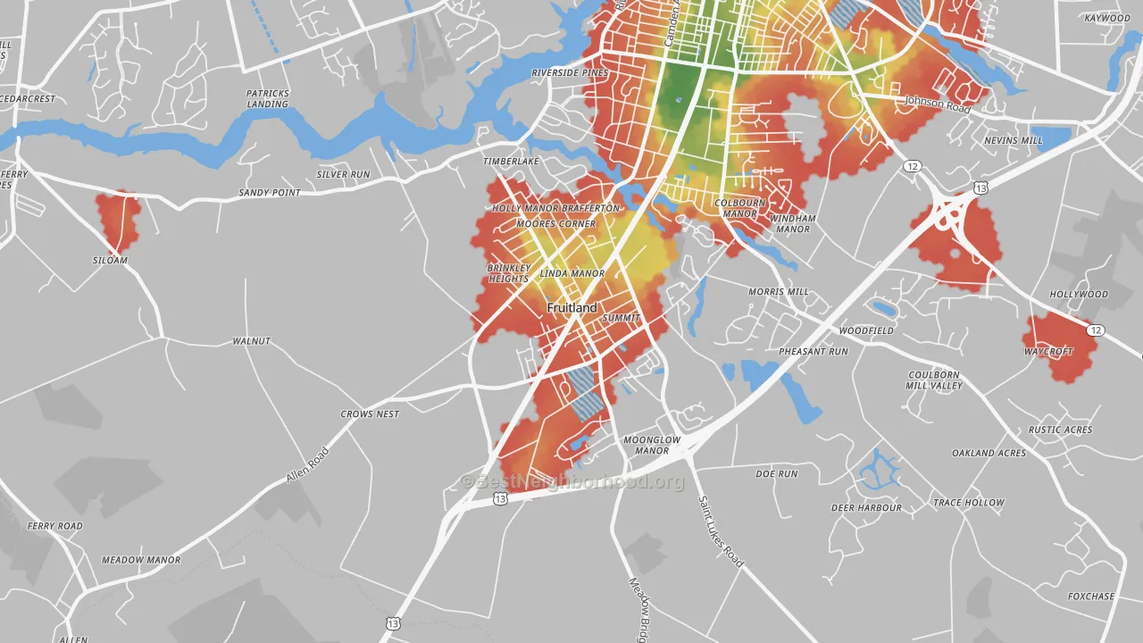 Walk Grade map of Fruitland, MD, walkable areas in green and car-dependent areas in red