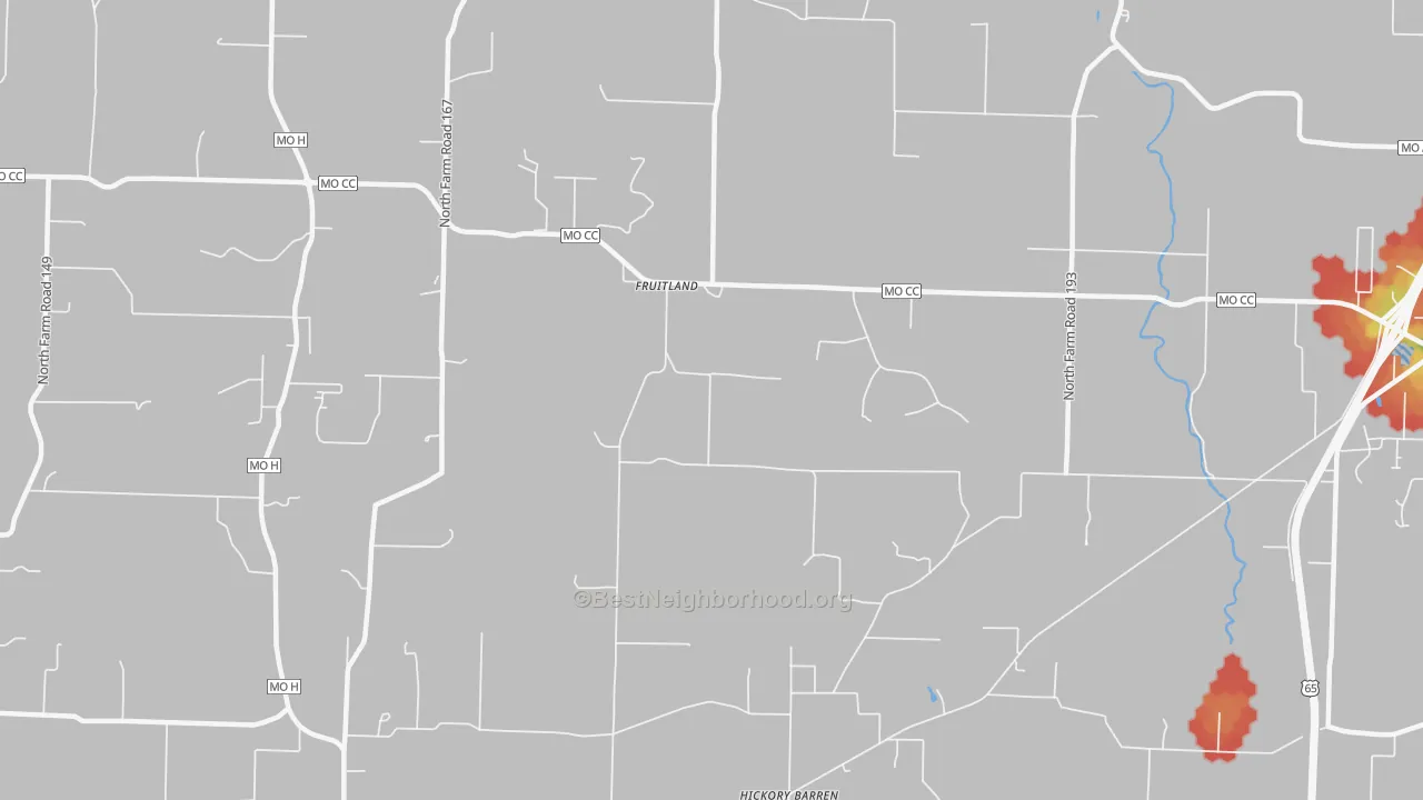 Walk Grade map of Fruitland, MO, walkable areas in green and car-dependent areas in red