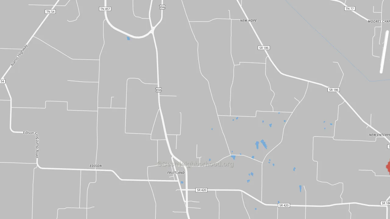 Walk Grade map of Fruitland, TN, walkable areas in green and car-dependent areas in red