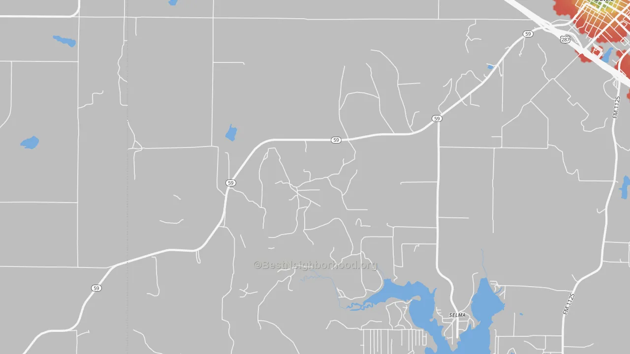 Walk Grade map of Fruitland, TX, walkable areas in green and car-dependent areas in red