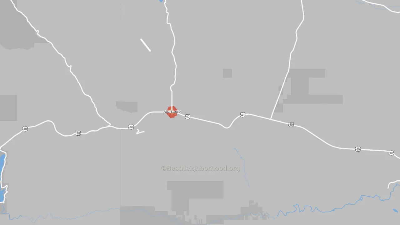 Walk Grade map of Fruitland, UT, walkable areas in green and car-dependent areas in red