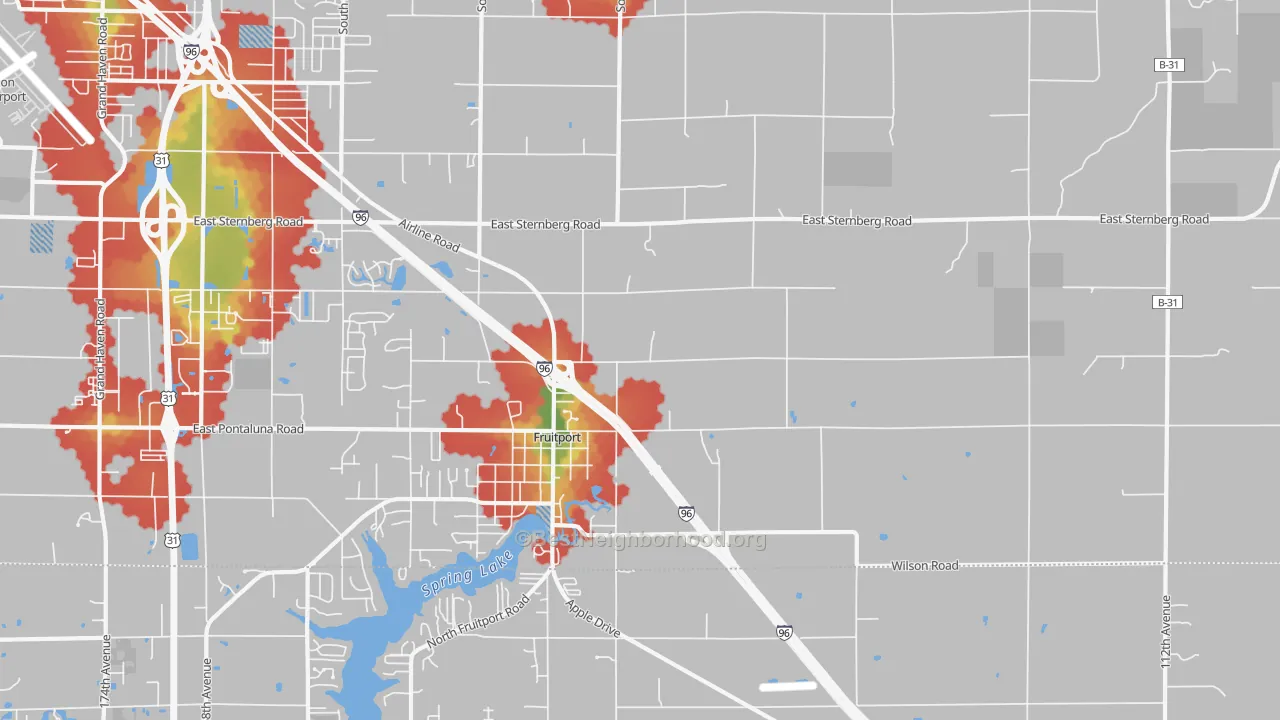 Walk Grade map of Fruitport, MI, walkable areas in green and car-dependent areas in red