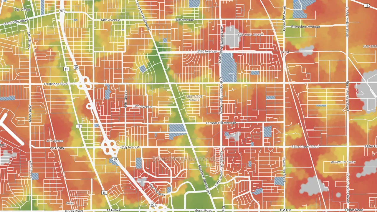 Walk Grade map of Fruitridge Manor, Sacramento, CA, walkable areas in green and car-dependent areas in red