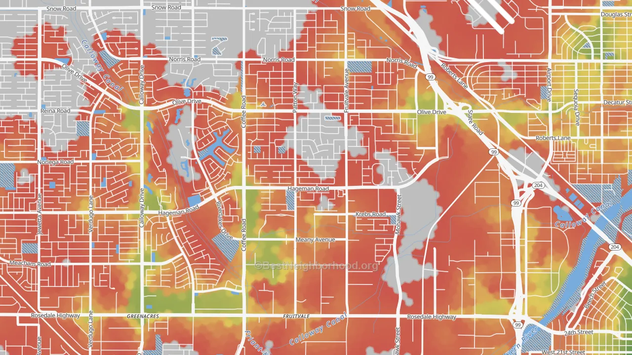 Walk Grade map of Fruitvale, Bakersfield, CA, walkable areas in green and car-dependent areas in red