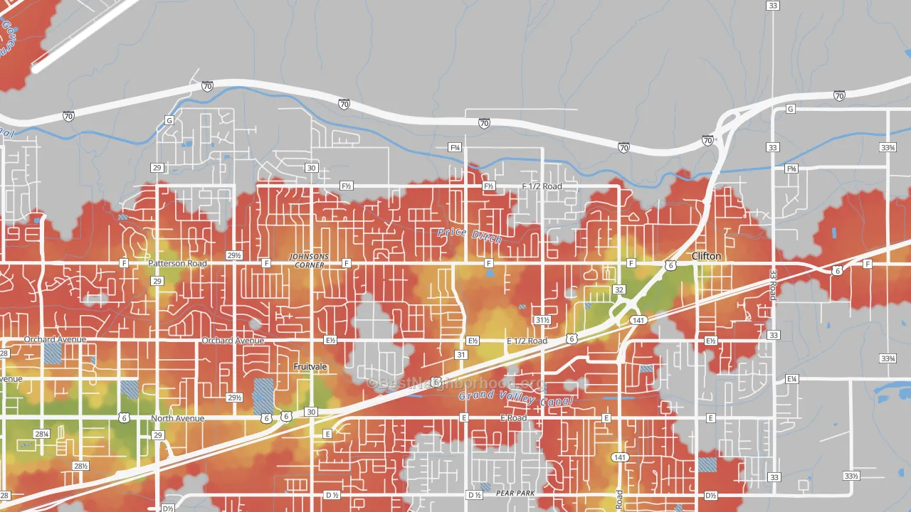 Walk Grade map of Fruitvale, CO, walkable areas in green and car-dependent areas in red