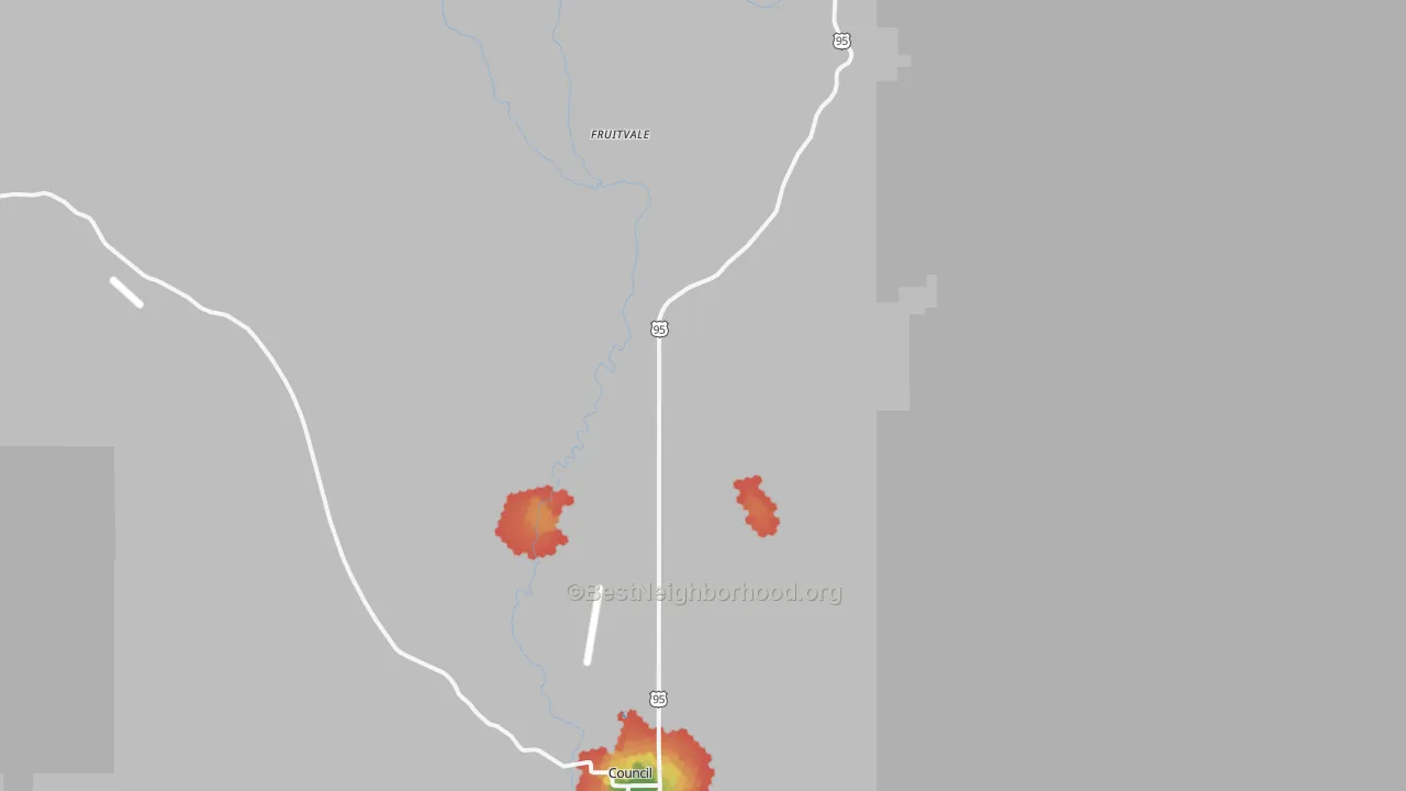 Walk Grade map of Fruitvale, ID, walkable areas in green and car-dependent areas in red
