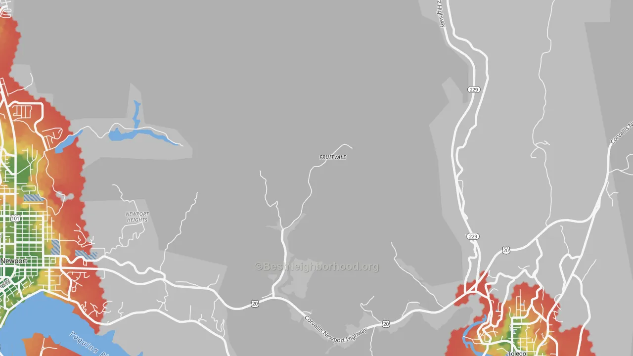 Walk Grade map of Fruitvale, OR, walkable areas in green and car-dependent areas in red