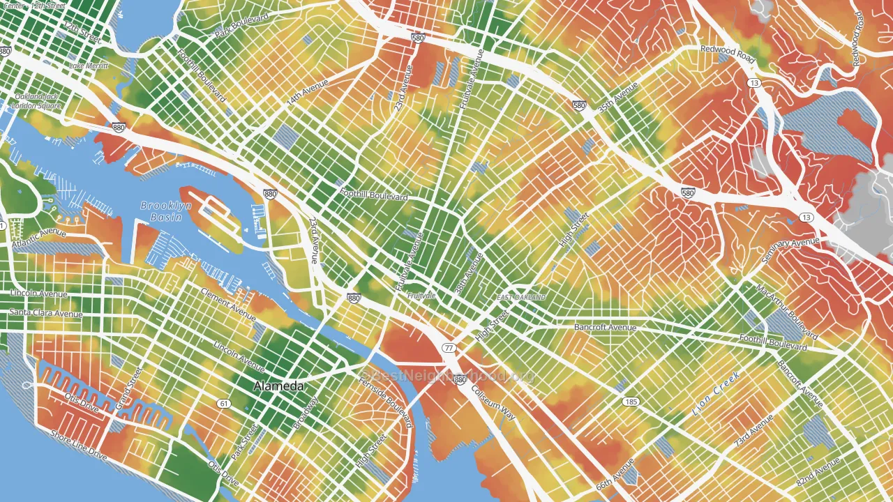 Walk Grade map of Fruitvale Station, Oakland, CA, walkable areas in green and car-dependent areas in red