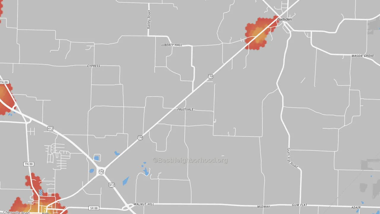 Walk Grade map of Fruitvale, TN, walkable areas in green and car-dependent areas in red