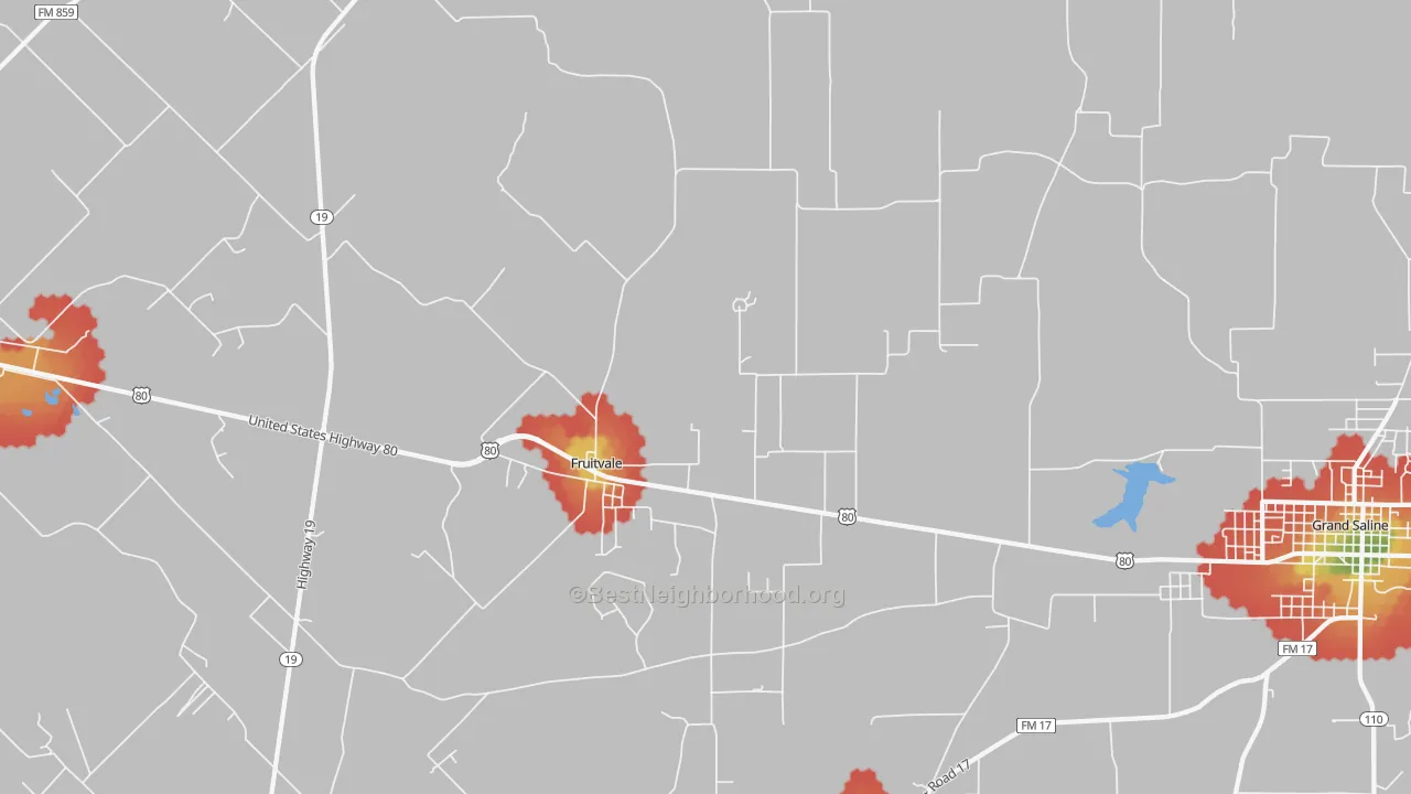 Walk Grade map of Fruitvale, TX, walkable areas in green and car-dependent areas in red