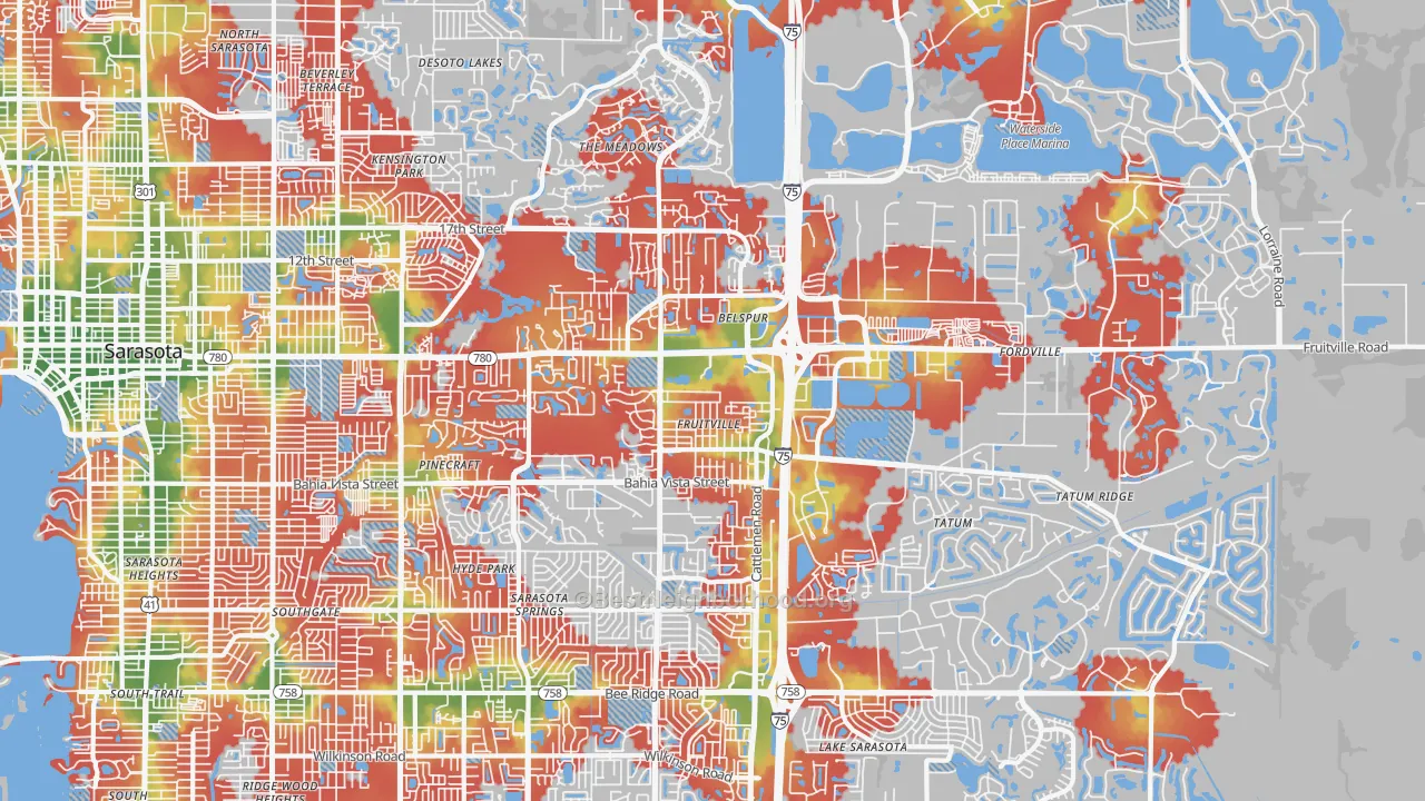 Walk Grade map of Fruitville, FL, walkable areas in green and car-dependent areas in red