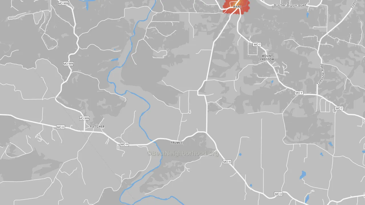 Walk Grade map of Frumet, MO, walkable areas in green and car-dependent areas in red