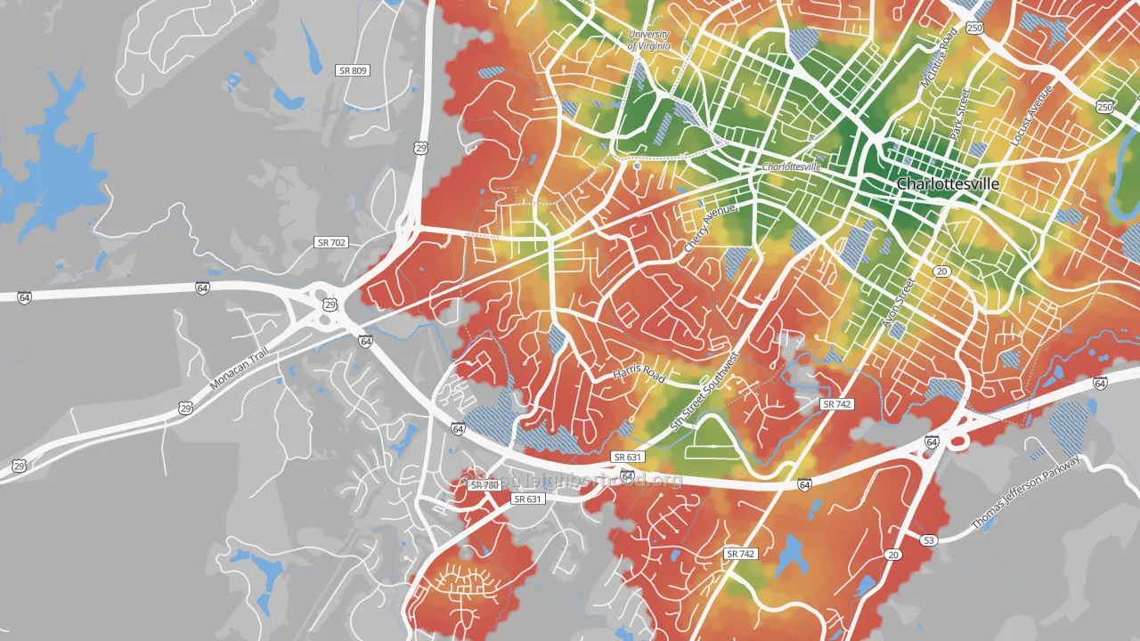 Walk Grade map of Fry Springs, Charlottesville, VA, walkable areas in green and car-dependent areas in red