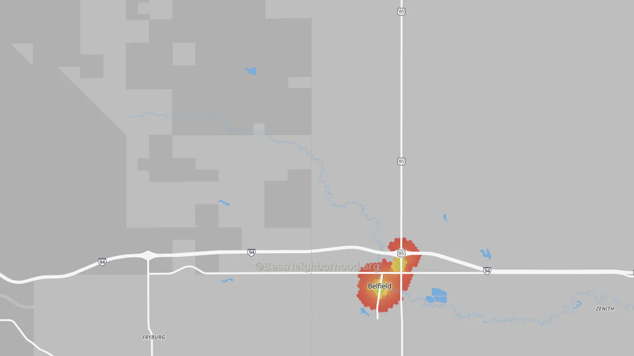 Walk Grade map of Fryburg, ND, walkable areas in green and car-dependent areas in red
