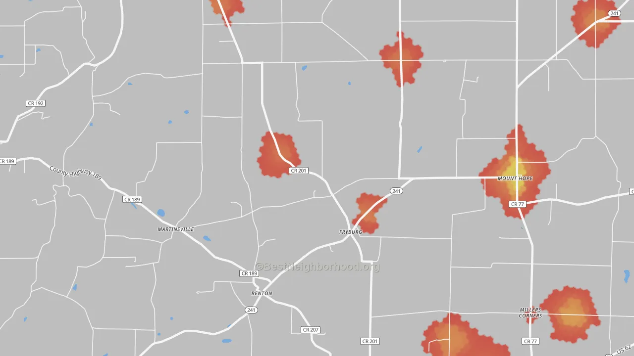 Walk Grade map of Fryburg, OH, walkable areas in green and car-dependent areas in red