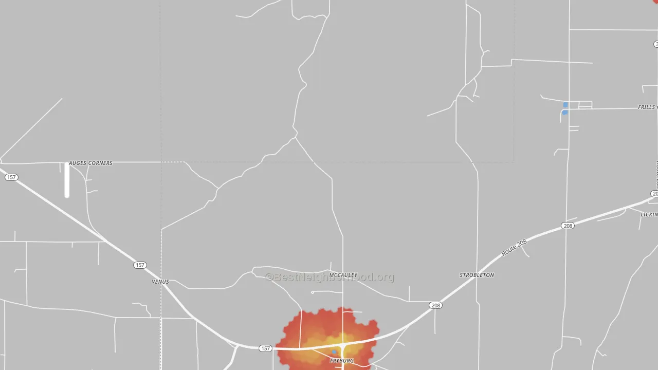 Walk Grade map of Fryburg, PA, walkable areas in green and car-dependent areas in red