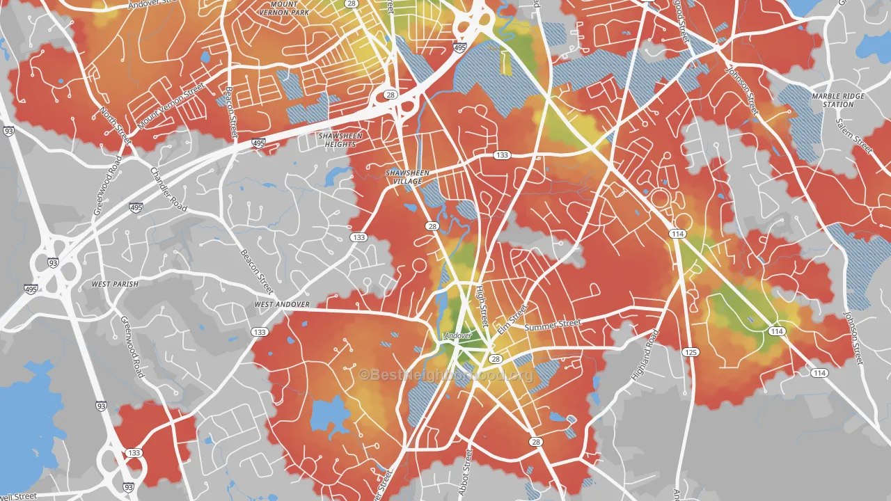 Walk Grade map of Frye Circle, Andover, MA, walkable areas in green and car-dependent areas in red