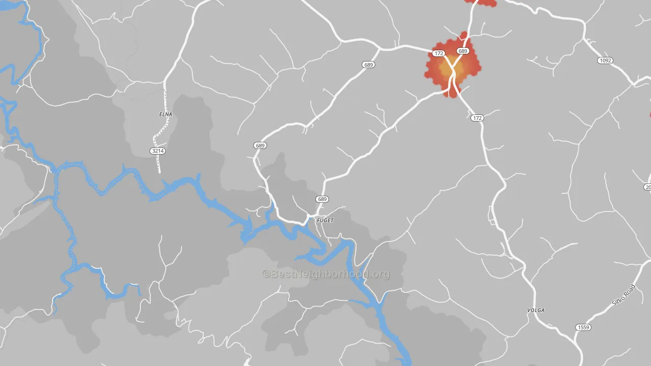 Walk Grade map of Fuget, KY, walkable areas in green and car-dependent areas in red