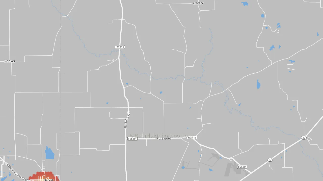 Walk Grade map of Fulbright, TX, walkable areas in green and car-dependent areas in red