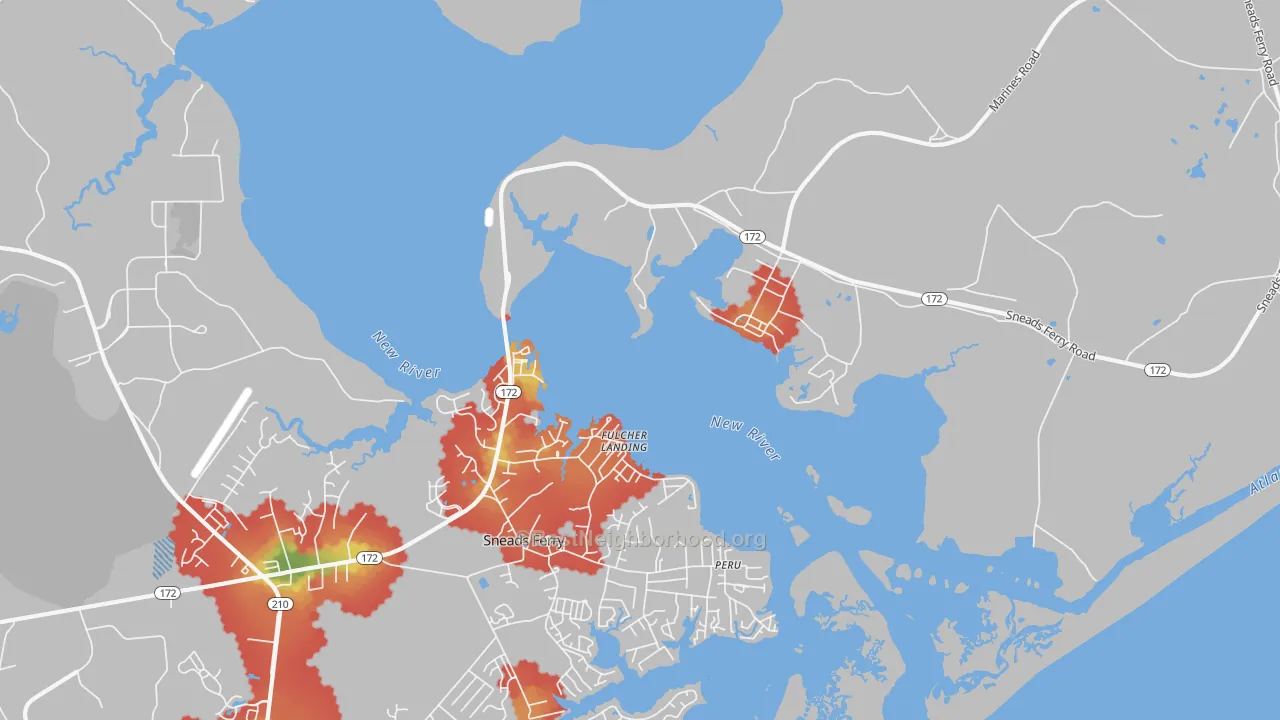 Walk Grade map of Fulcher Landing, NC, walkable areas in green and car-dependent areas in red