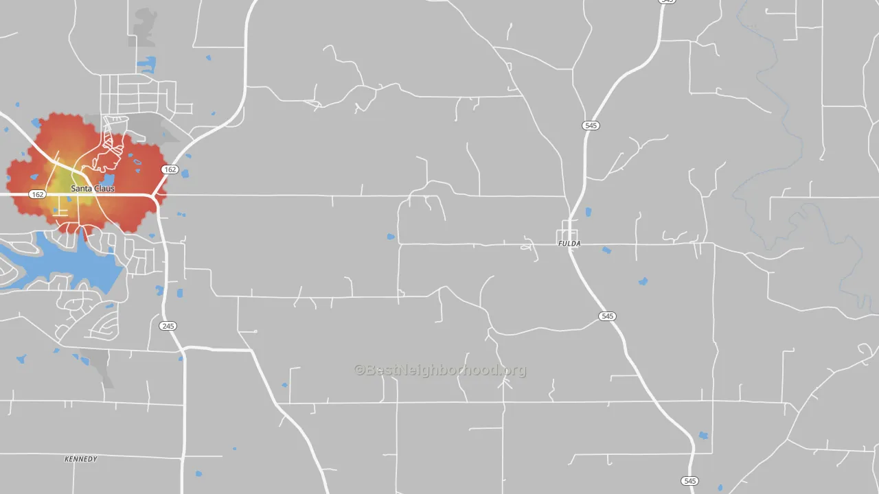 Walk Grade map of Fulda, IN, walkable areas in green and car-dependent areas in red